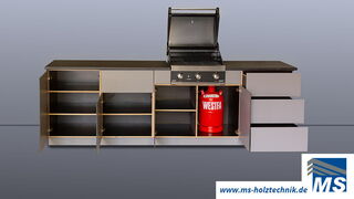 Outdoorküche mit viel Stauraum und Auszügen passend für den Einbau in die Remise